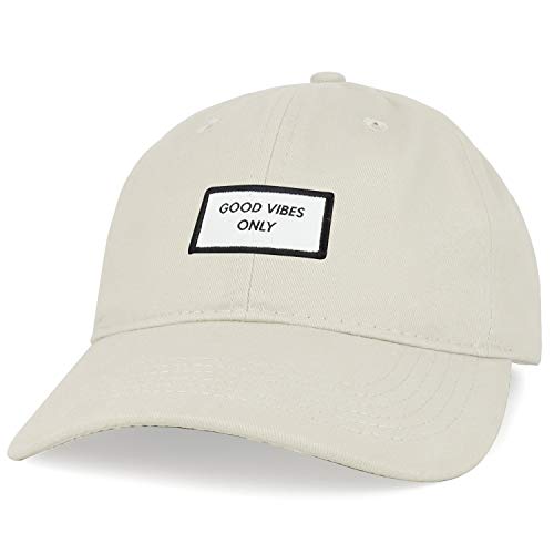 Trendy Apparel Shop Good Vibes Only Woven Patch Cotton Dad Hat - color: Stone