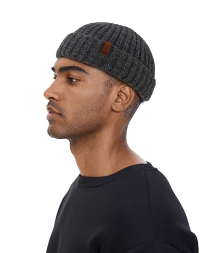 Chunky Wool Fisherman Short Beanie Hats Skull Cap for Men, Mens Thick Skater Streetwear Fishermans Beanie Daily Hat - color: Dark Grey