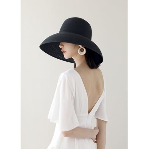 Women Floppy Sun Hat Wide Brim Straw Beach Cap UPF Straw Foldable Sun Hat for Summer - color: Black