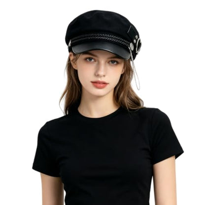 Women’s Black Newsboy Cap Gothic Beret with Chain Heart Buckle/Crown Accents Flat Top Visor Baker Boy Sailor Hat - color: Black With Heart Buckle Chain