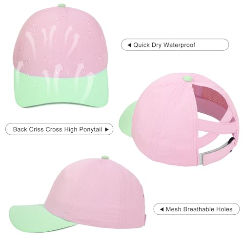 Girls Criss Cross Ponytail Hat Mesh Baseball Cap Kids Quick Dry Ponycap Hats Outdoor Summer Sports Hat Age 7-12 - color: Pink 01