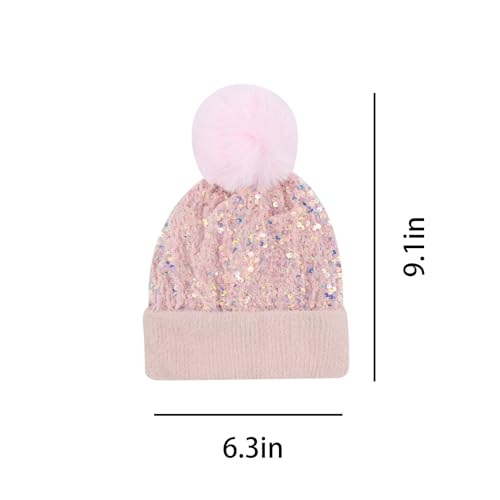 Women Sparkly Sequins Knitted Beanie Hat Warm Winter Skull Cap with Faux Fur Pom Pom - color: Light Pink