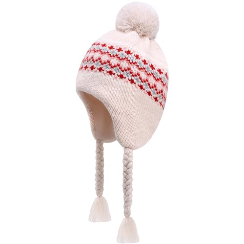 Winter Peruvian Hat Earflap Fleece Lined Girls Knit Beanie 3-10T - color: 3c-patternpink, size: 6-10 Years