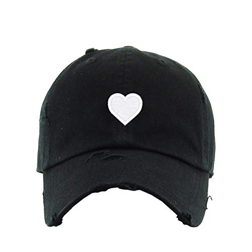 Heart Vintage Baseball Cap Embroidered Cotton Adjustable Distressed Dad Hat - color: Black