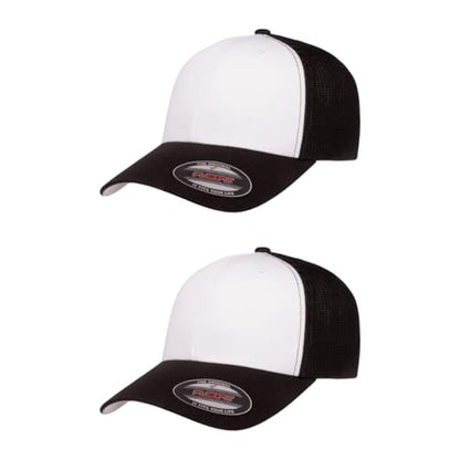 Flexfit 6511 Fitted Mid-Profile Stretchable Mesh Panels Trucker Cap - color: Black/White/Black, size: One Size