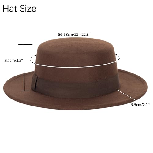 Pork Pie Hat for Men/Women, Wide Brim Felt Boater Fedora Church Derby Cap - color: Coffee