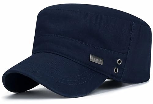 Cotton Military Caps for Men Women Unisex Flat Top Hat Adjustable Cadet Army Cap - color: Navy Blue
