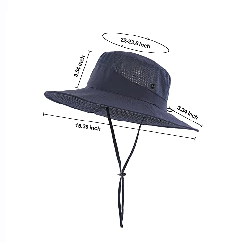 Mens Sun Hat Wide Brim Breathable Mesh UPF 50+ Waterproof Fishing Hat Safari Hat Foldable Boonie Cap - color: Navy Blue
