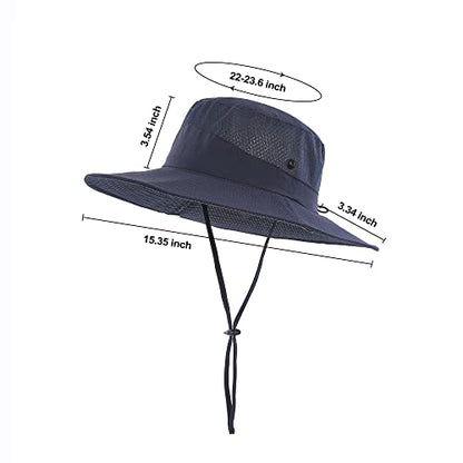 Mens Sun Hat Wide Brim Breathable Mesh UPF 50+ Waterproof Fishing Hat Safari Hat Foldable Boonie Cap - color: Navy Blue