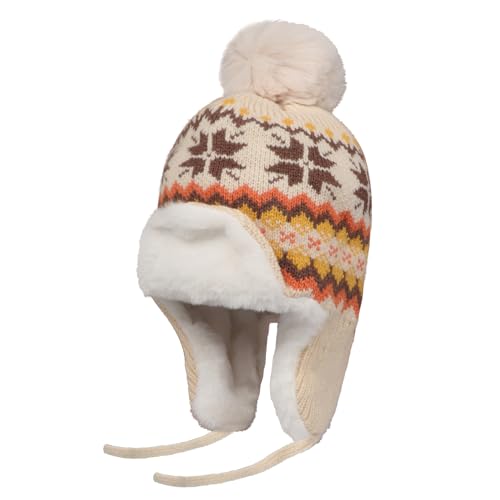 IPENNY Women's Winter Faux Fur Lined Trapper Hat, Warm Knitted Beanie with Pom Pom & Earflaps, Warm Ski Cap for Cold Weather - color: Beige