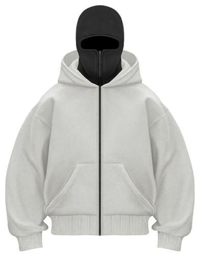EUDOLAH Balaclava Jacket Zip Up Fashion Double Layer Hoodie Hip Hop Outerwear Jacket Y2K Clothing for Men and Women - color: Light Grey, size: X-Large