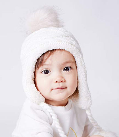 Home Prefer Girls Sherpa Earflaps Hat Toddler Baby Knit Beanie Fuzzy Peruvian Cold Weather Warm Winter Hat - color: Ivory, size: Small