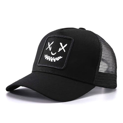 Trucker Hat for Men Women-Mesh Back Breathable Adjustable Snapback Cap-UV Protection Sun Hat for Summer Outdoor Activities - color: Smiling-black