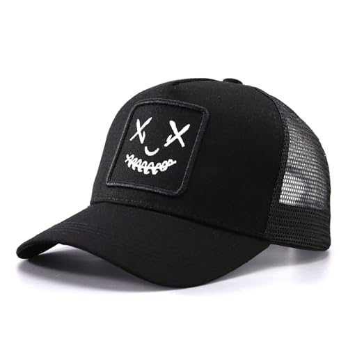 Trucker Hat for Men Women-Mesh Back Breathable Adjustable Snapback Cap-UV Protection Sun Hat for Summer Outdoor Activities - color: Smiling-black