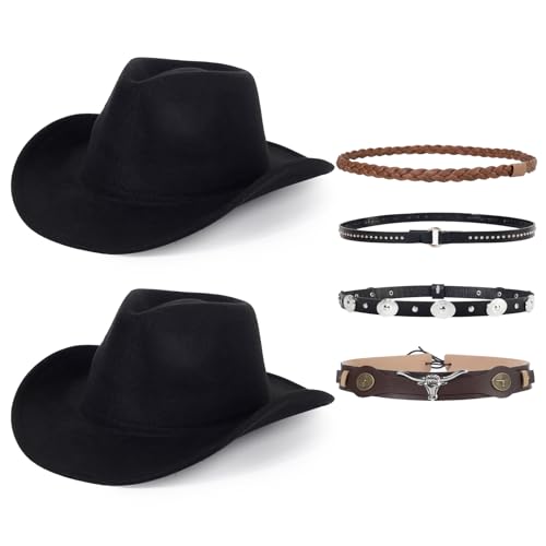 2 Pack Western Cowboy Hats for Women Men 2 Different hat Bands - color: Black-black