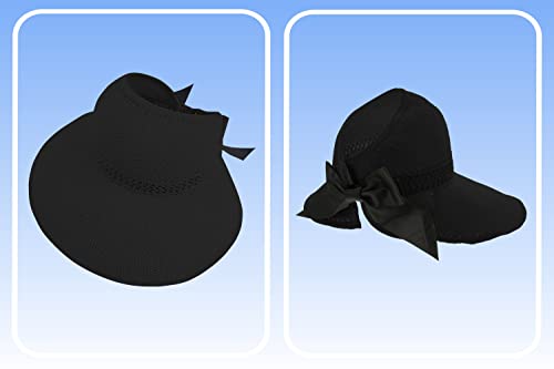 Straw Sun Visor for Women, Wide Brim UPF 50+ Protection Beach Hat, Adjustable, Roll Up Foldable Ponytail Cap with Chin Strap - color: A Black