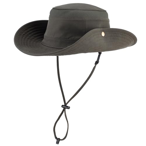 Home Prefer UPF 50+ Wide Brim Sun Hat Mesh Crown Foldable Cotton Bucket Cowboy Hat for Men Safari Golf Fishing Beach Garden - color: Army Green, size: Medium