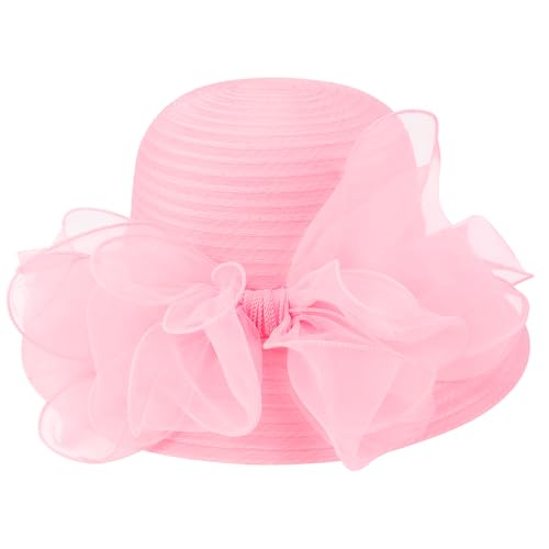 DRESHOW Lady Derby Dress Church Bowler Cloche Hat Bowknot Organza Bridal Cap for Wedding - color: 1 Pack Bowler Hat: Pink