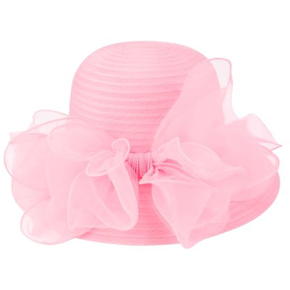 DRESHOW Lady Derby Dress Church Bowler Cloche Hat Bowknot Organza Bridal Cap for Wedding - color: 1 Pack Bowler Hat: Pink