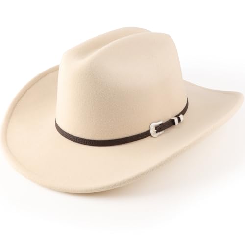 AQOKKA Western Cowboy Hats for Women Classic Felt Wide Brim Fedora Hat with Belt Buckle Retro Panama Hat Unisex Rolled up Cap - color: 1 Pc Fedora Hat : Beige