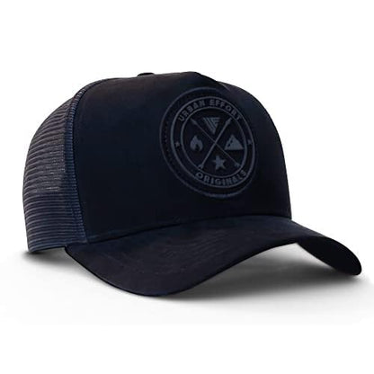 Urban Effort Trucker Hat for Men & Women, Mesh Back Baseball Cap, 5 Panel - color: Black/Black, style: Mesh Back