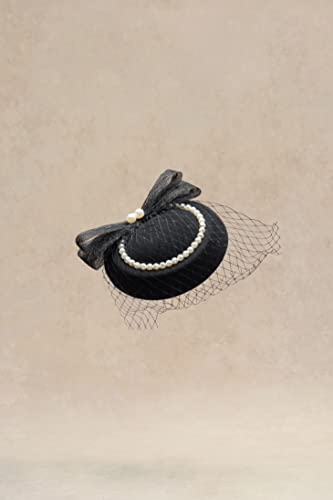 BABEYOND Pearl Fascinators Hats for Women Veil Pillbox Tea Party Derby Hat - color: Black