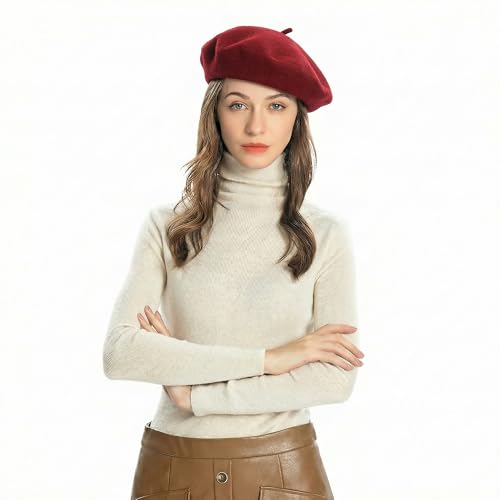 ZLYC Wool French Beret Hat Solid Color Classic Artist Cap for Women - color: Garnet