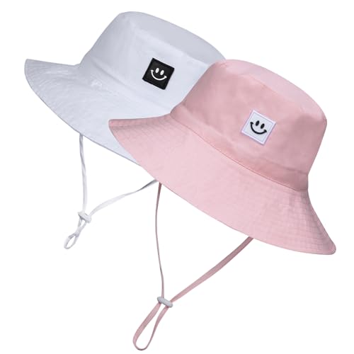 MaxNova Baby Sun Hat Smile Face UPF 50+ Toddler Bucket Hat for Boys Girls 0-7 Years - color: 2pack Smile Face White /Light Pink, size: 0-6 Months
