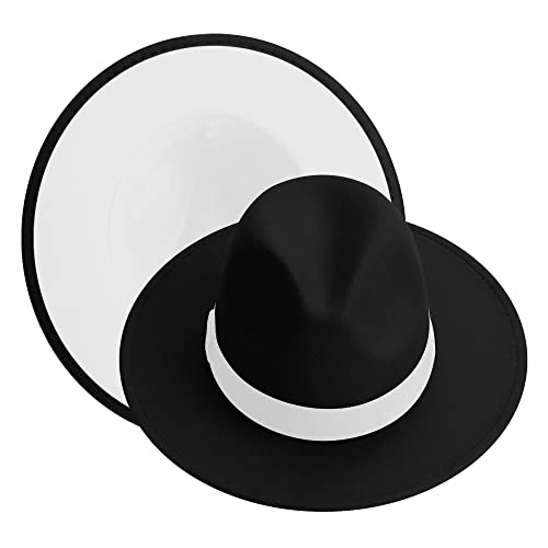 KUJUHA Fedora Hats for Mens/Womens Felt FedoraHats Two Tone Wide Brim Fedora Hats Rancher Hat - color: Black/White -White, size: Large-X-Large