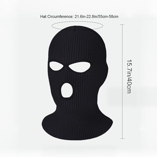 3 Hole Winter Mask, Full Face Cover Ski Mask, Thermal Winter Warm Knit Beanie Balaclava for Men, Black, One Size