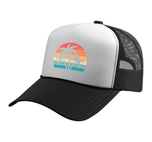 Retro Tropical Beach Palm Trees Hawaii Sunset Men Women Kids Trucker Hat with Adjustable Mesh Back - color: Black/White