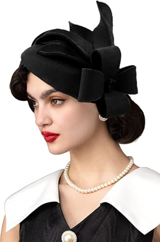 Women's Vintage 100% Wool Felt Cloche Bucket Bowler Hat Winter Vintage Bow Fedoras Church Fascinator - color: 10-black