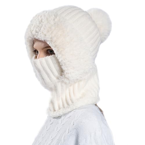 Women’s Knitted Beanie Hat with Face Cover - 3 in 1 Winter Balaclava with Mask Scarf Ear Muffs Pompom Fleece Lined Snow Caps - color: White-a