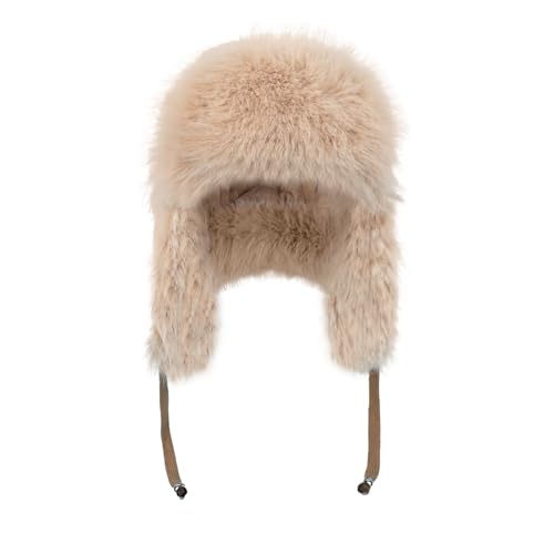 Women Winter Trapper Hat Knit Beanie Hat Faux Fur Plush Lined Earflap Thick Warm Skiing Skating Hunting Cap Headwear - color: Khaki