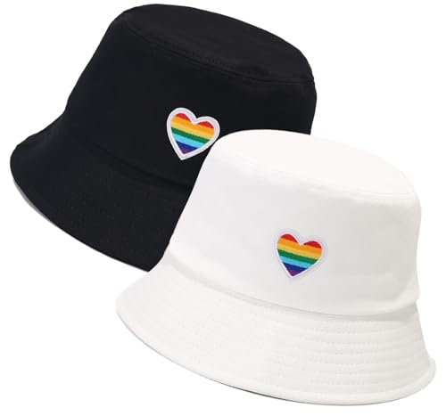XYIYI 2 Pack Unisex Bucket Hat for Women Men Summer Beach Fishing Hat Sun Hat - color: Rainbow Heart Black White