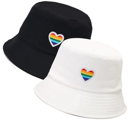 XYIYI 2 Pack Unisex Bucket Hat for Women Men Summer Beach Fishing Hat Sun Hat - color: Rainbow Heart Black White