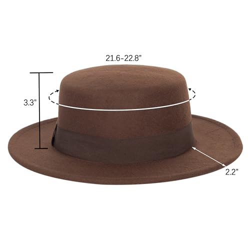 Classic Fedora Flat Top Hat Pork Pie Hat Felt Boater Church Derby Cap for Men/Women - color: Brown