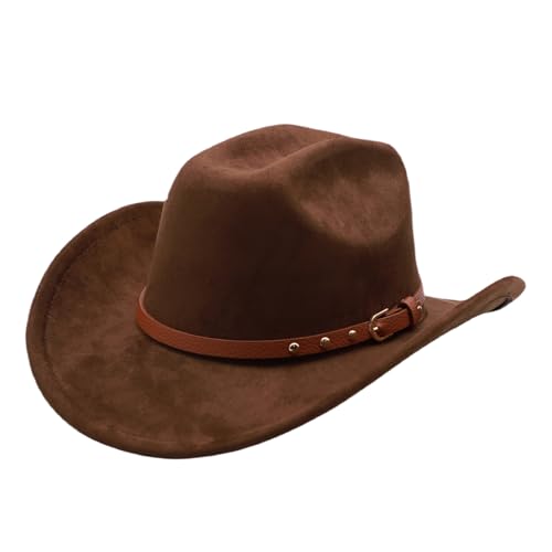 Western Cowboy Hat for Men Cowgirl Hat for Women Unisex Wide Brim Felt Fedora Hats Classic Flat Top Hats with Buckle Belt - color: B-coffee