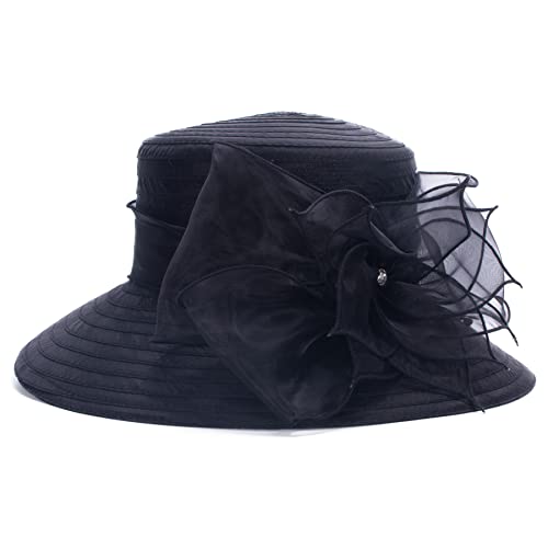 Womens Wedding Occasion Floral Wide Brim Church Dressy Sun Hat A323 - color: Black