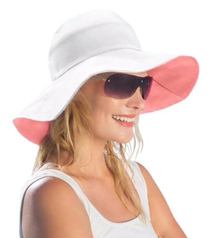Womens Foldable Shapeable Brim Sun Hat UPF 50+ Cotton Wide Brim Beach Adjustable Chin Strap Hat Sun Protection Cap - color: White Pink
