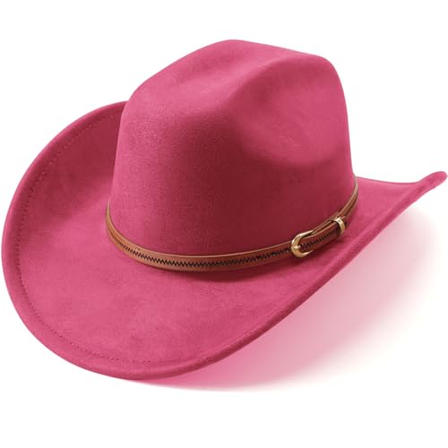 Western Cowboy Hats for Women Classic Felt Wide Brim Fedora Hat with Belt Buckle Retro Panama Hat Unisex Rolled up Cap - color: Suede Cowboy Hats : Deep Pink, size: Medium