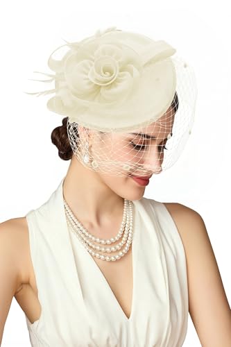 BABEYOND Fascinators Hats for Women Flower Veil Feather Pillbox Derby Hat - color: Beige