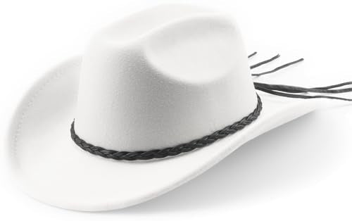 DRESHOW Western Cowboy Hat for Men Women Cowboy Cowgirl Hat Outdoor Wide Brim Retro Felt Fedora Hats Unisex Rolled up Caps - color: 1 Pack Style 8: White