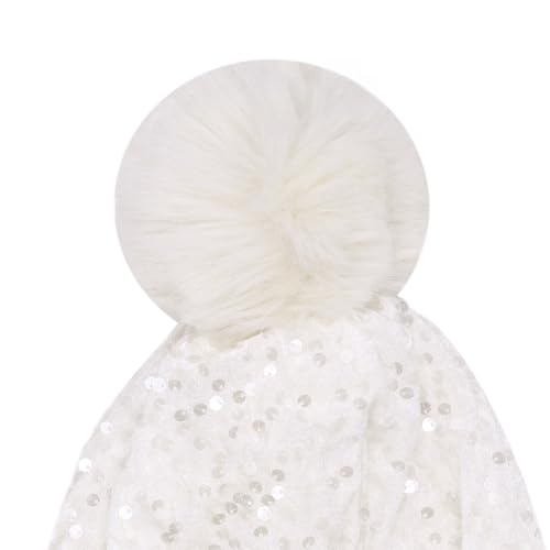 Women Sparkly Sequins Knitted Beanie Hat Warm Winter Skull Cap with Faux Fur Pom Pom - color: X Ceamy White With Knit Cuffs