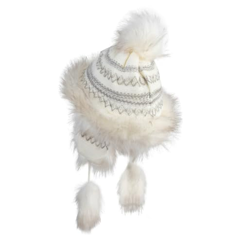 Cross Stitch Knit Fleece Lined Faux Fur Trapper Beanie Hat with String - color: Cream