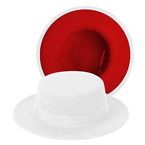 Classic Fedora Hat Two Tone Flat Top Hat with Band Wide Brim Pork Pie Hat Adjustable Patchwork Colors Panama Hat - color: White-red|white Band