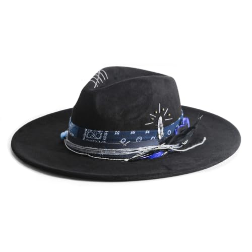 Wide Brim Fedora Hat for Men Women Retro Western Felt Hats - color: Jetblack