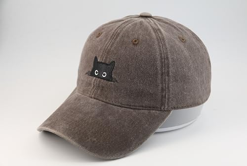 Peeking Black Cat Embroidered Washed Baseball Cap, Adjustable Vintage Dad Hat for Cat Lovers Unisex - color: Brown