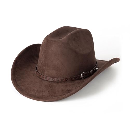 Western Cowboy Hat for Women Men Retro Suede Hat - color: Coffee-small Flower Belt