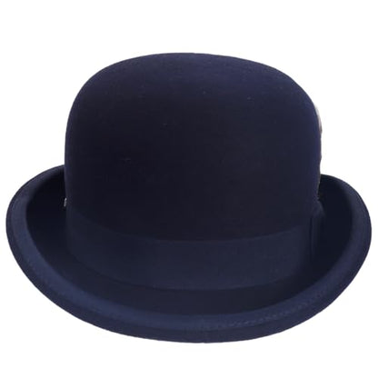 Men's Wool Fedora Hats Women Felt Bowler Derby Hat with Feather - color: Navy, size: Medium